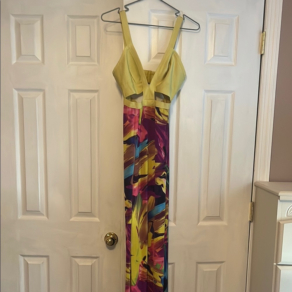 WOW Couture Yellow Green Plunge Maxi Gown